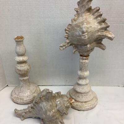 S1210 Pair of Pottery Conch Shell Decorative Pieces and Large Metal Starfish Footed Bowl