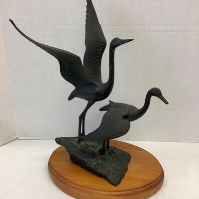 D1214 Iron Sculpture of Two Craneâ€™s Landing with Wood Base