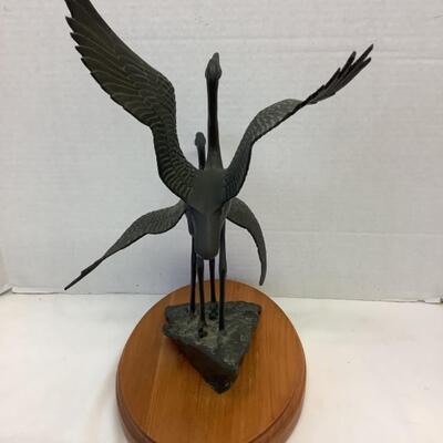 D1214 Iron Sculpture of Two Craneâ€™s Landing with Wood Base