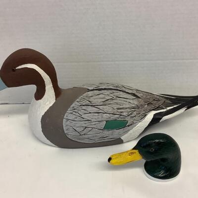 D1215 Signed Von Kirchhoff Wooden Painted Duck Decoy Three Limoges Waterfowl Plates Painted Metal Duck Head 