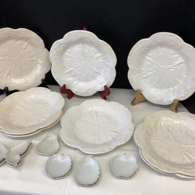E1224 Set of 8 Vintage Bordello Pinheiro White Majolica Plates and 9 White Porcelain Dishes 
