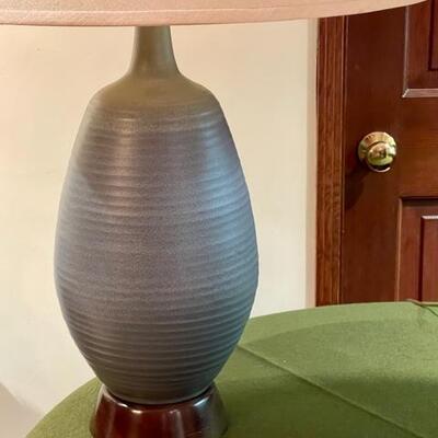 Lot 402 Pair MCM Ceramic Lamps With Shades Blue Grey Texture 34"