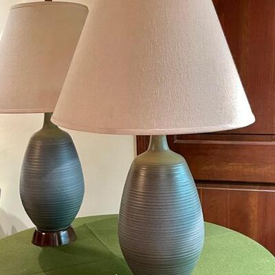 Lot 402 Pair MCM Ceramic Lamps With Shades Blue Grey Texture 34"