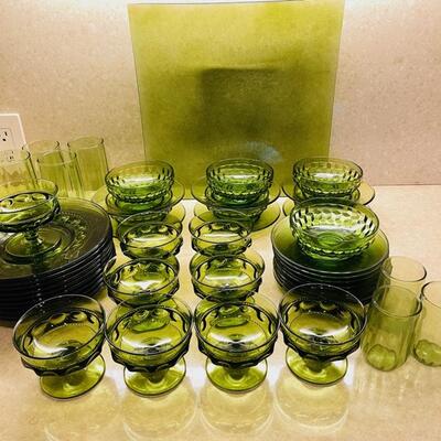 Lot 405 Group 1970s Avocado Green Glassware Plates Bowls Footed Sherberts Different Patterns