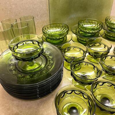 Lot 405 Group 1970s Avocado Green Glassware Plates Bowls Footed Sherberts Different Patterns