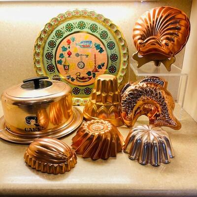 Lot 406 Vintage Copper Kitchen Collection Molds Cake Carrier Metal Tray