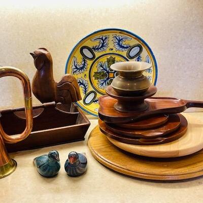 Lot 407 Group Wood Kitchen Items Copper Bugle Wood Chix Utensil Box 2 Painted Birds