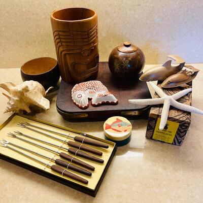 Lot 408 Tiki Collection Pineapple Cutter Mug Carved Whales Fish Mold Fondue Forks Plus More!