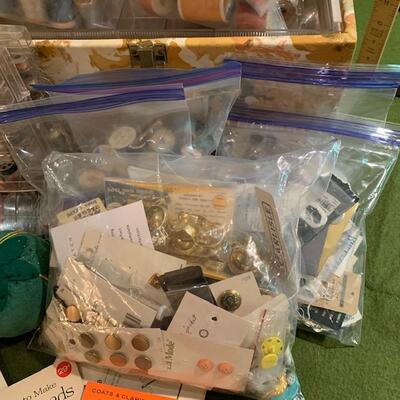 Lot 413 Group Sewing Notions Hem Dress Marker, Thread Buttons Fabric Bobbins