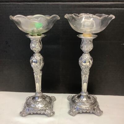E1234 Pair of W.M. Rogers & Son Silver PLate Candlesticks with Glass Bobeches
