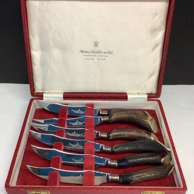 E1235 Set of S6 Sheffield England Harrison Bros. & Houston Stag Horn Steak Knives