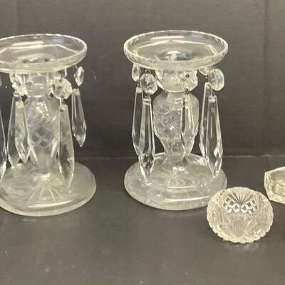 E1239 Pair of Czechoslovakian Glass Candlesticks with Prisms 4 Coblat Glass Salts and 6 Pressed Glass Salts