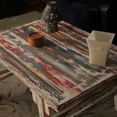 Beautiful eclectic cottage style table with glass top epoxy 