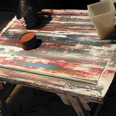 Beautiful eclectic cottage style table with glass top epoxy 