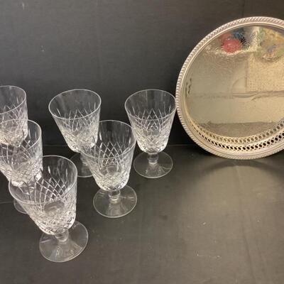 E2156 SEt of 6 Crystallerie de Lorraine Water Crystal Goblets and Metal Tray