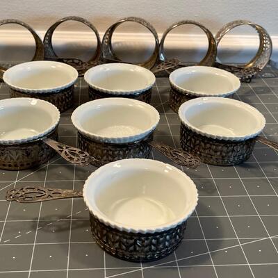 #616 Custard Sterling Silver Holders  (12), with (7) fitted custard cups.  