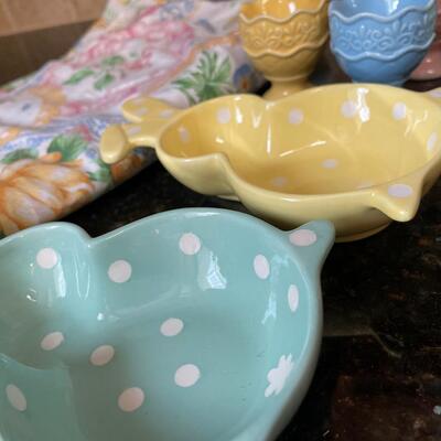 #696 Easter table Cloth, Egg holders and rabbit dishes. 