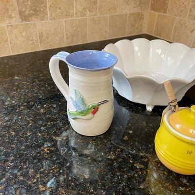 #701 Ceramic Honey pot, Mug and 2 Serving Bowls w/ birds. 