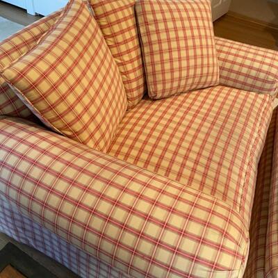 Oversized red checkered chair and ottoman 