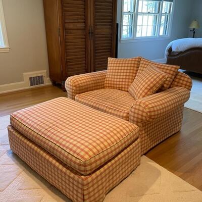 Oversized red checkered chair and ottoman 