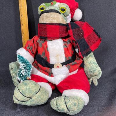 Vintage plush frog holding Christmas tree