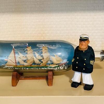 Lot 424 Vintage Ship In Bottle + Wood Carved Captain
