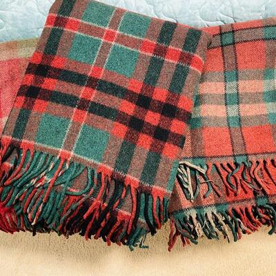 Lot 438 Three Vintage Twin Size Plaid Wool Blankets w/Fringe