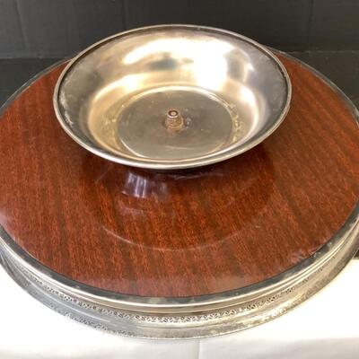 E2169 Silver Plate and Wood Lazy Susan