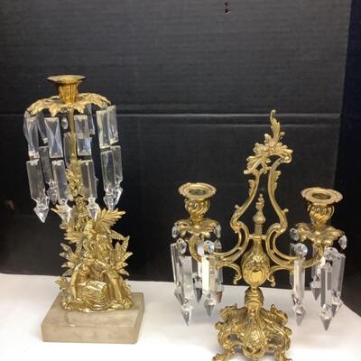 B2176 Two Bronze Girandoles with Crystal Prisms