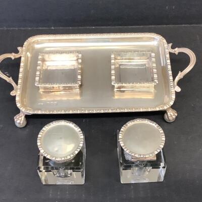 C2181 Victorian J.G. & S. London Sterling Silver and Crystal Inkwell Set 
