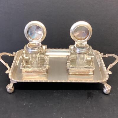 C2181 Victorian J.G. & S. London Sterling Silver and Crystal Inkwell Set 