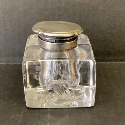 C2186 Antique Sterling Silver and Etched Glass Inkwell  with Sterling Silver Monogrammed Letter Opener