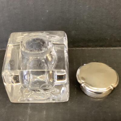 C2186 Antique Sterling Silver and Etched Glass Inkwell  with Sterling Silver Monogrammed Letter Opener