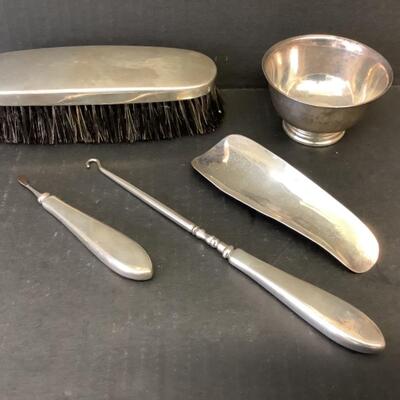 C2188 Sterling Silver Footed Bowl and Monogrammed Brush Shoe Hook Shoe Horn and Nail Cleaner
