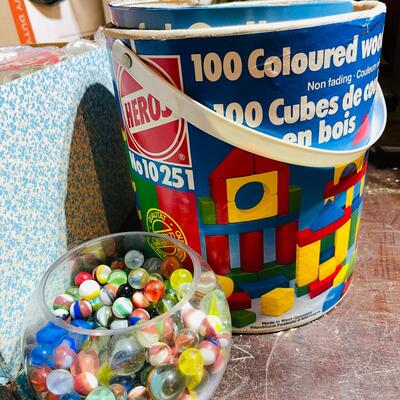 Lot 448  Vintage Toy Group Wooden Bricks Marbles & Legos