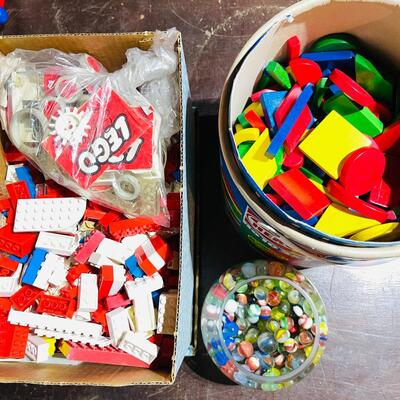 Lot 448  Vintage Toy Group Wooden Bricks Marbles & Legos
