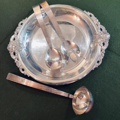 Lot 461  Silver Plate Serving Shallow Bowl w/Ornate Handles 3 Serving Utensils