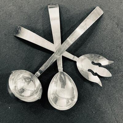 Lot 461  Silver Plate Serving Shallow Bowl w/Ornate Handles 3 Serving Utensils
