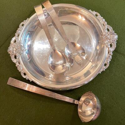 Lot 461  Silver Plate Serving Shallow Bowl w/Ornate Handles 3 Serving Utensils
