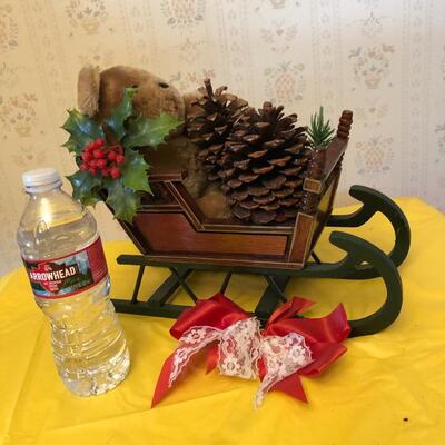 Vintage Christmas Winter Holiday wood sleigh with vintage stuffed bear