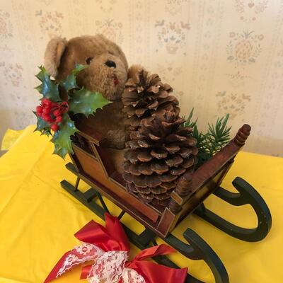 Vintage Christmas Winter Holiday wood sleigh with vintage stuffed bear