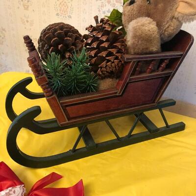 Vintage Christmas Winter Holiday wood sleigh with vintage stuffed bear