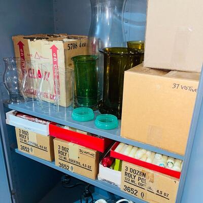BB 487  Cabinet Full of Candles Glass Hurricane Globes All Sizes 