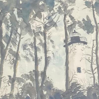 Original Watercolor with Lighthouse attrib. to Jim Kevlin 22â€ x 26â€h