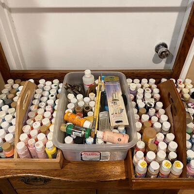 Huge Lot of Craft Paints with Brushes & Wood Carry Trays
