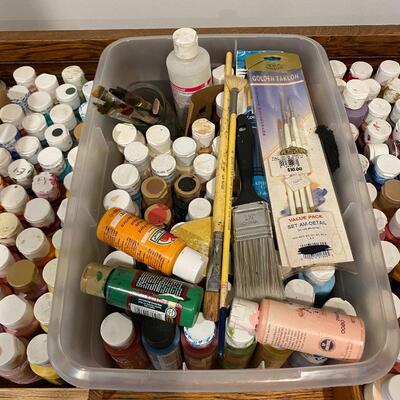 Huge Lot of Craft Paints with Brushes & Wood Carry Trays