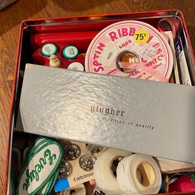 Tin of Sewing Notions, Accessories, and Gingher Scissors 