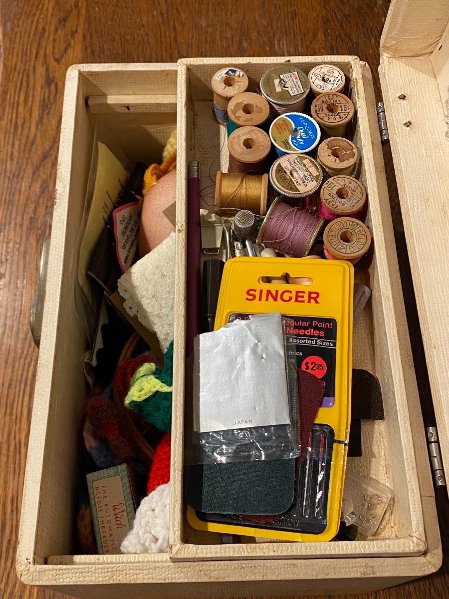 Vintage Off White Train Case Sewing Box with Notions & Accessories