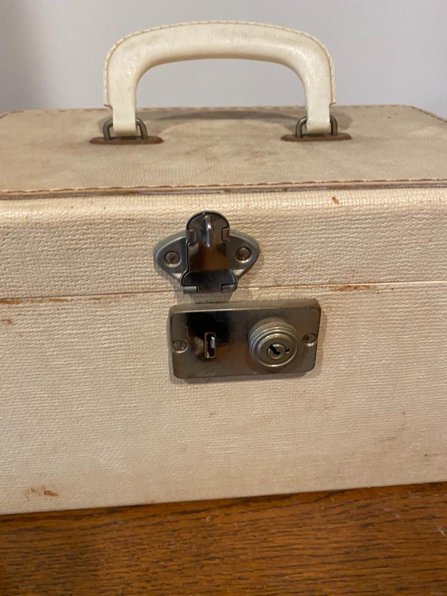 Vintage Off White Train Case Sewing Box with Notions & Accessories