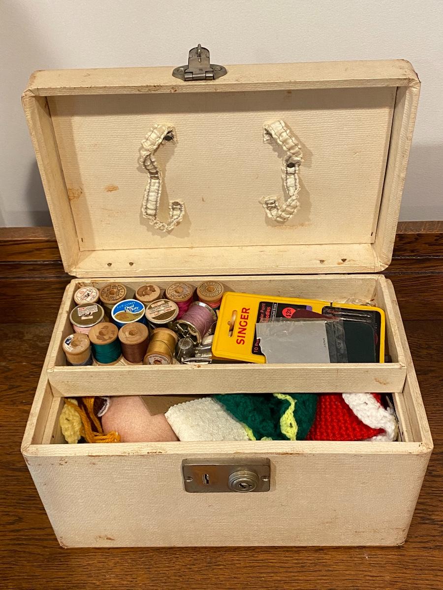 Vintage Off White Train Case Sewing Box with Notions & Accessories